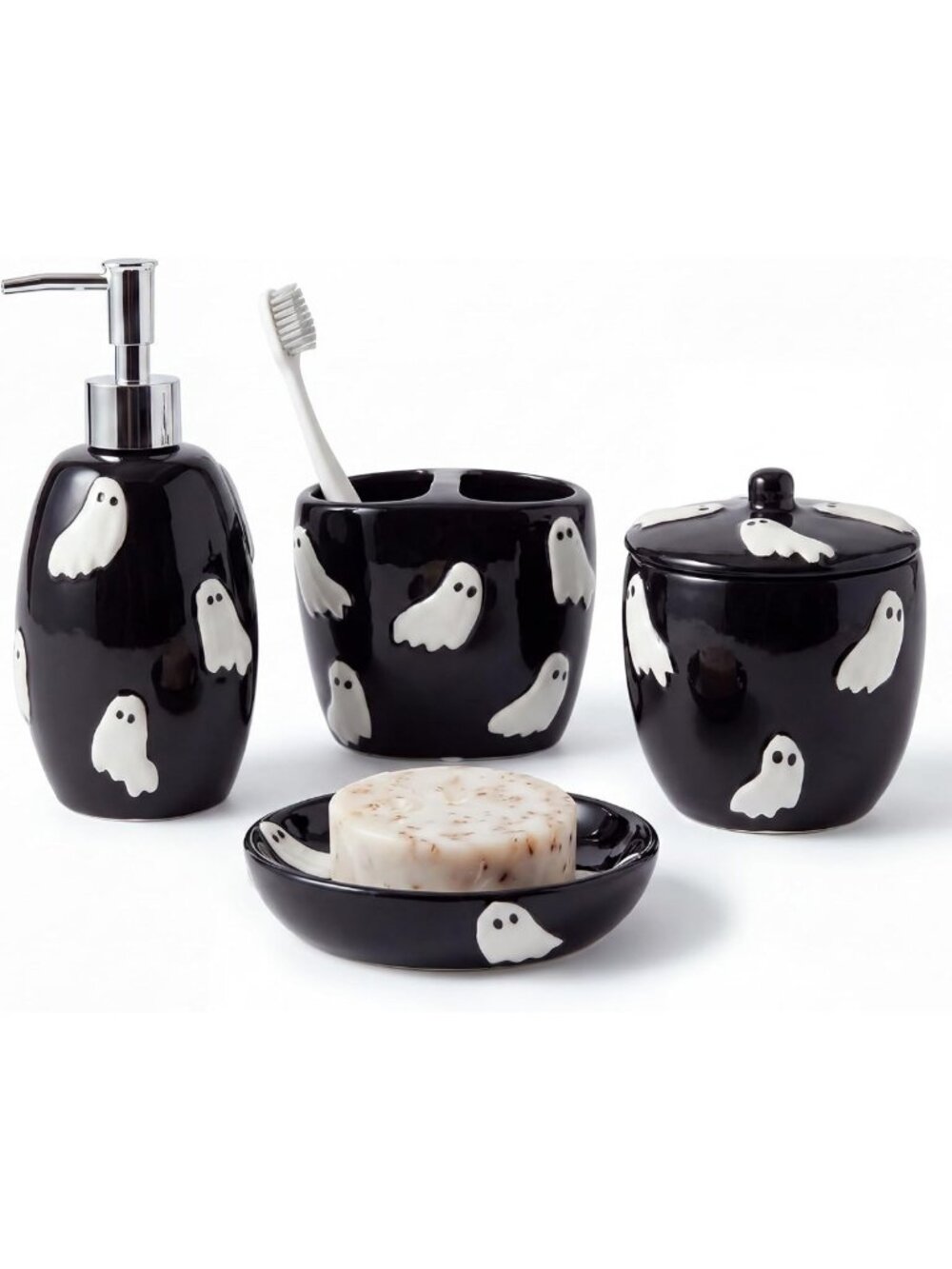 Halloween Ceramic Bathroom Accessories Set - 4 Pcs Black Ghost Decor